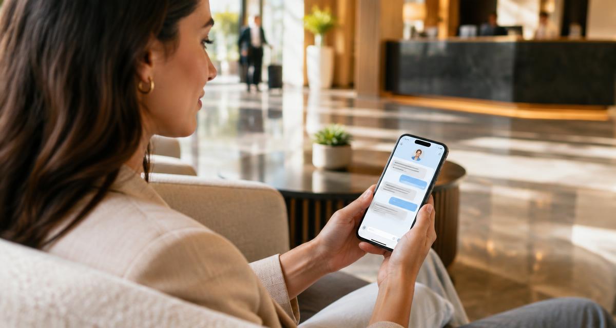 Otel lobisinde oturan misafirin telefonunda dijital concierge sohbet ekranı