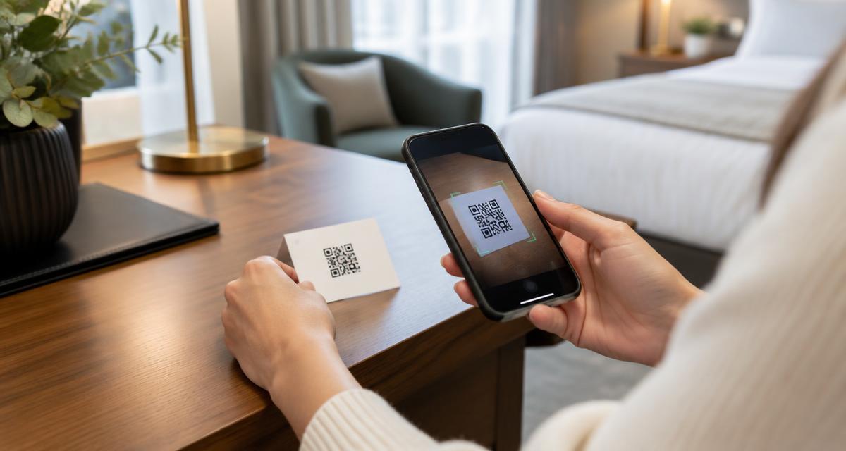 Otel odasındaki masada QR kod kartını telefonla okutan misafir