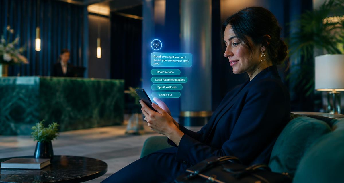 Otel lobisinde telefonundan dijital asistanla iletişim kuran misafir