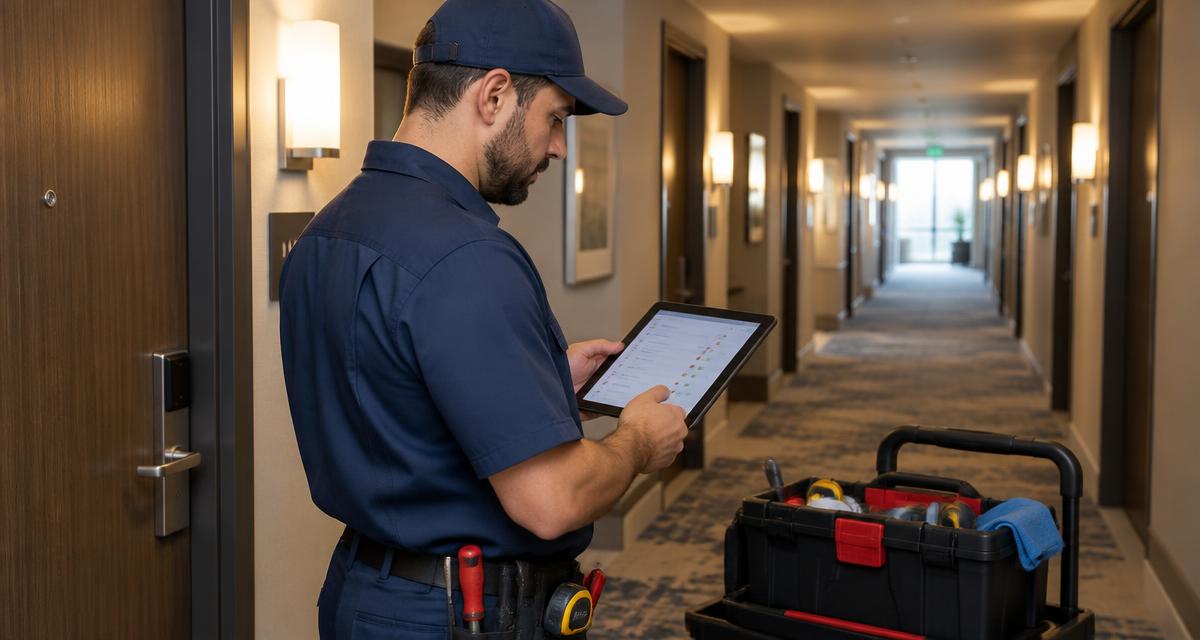 Otel koridorunda tablet üzerinden bakım taleplerini inceleyen teknik servis personeli